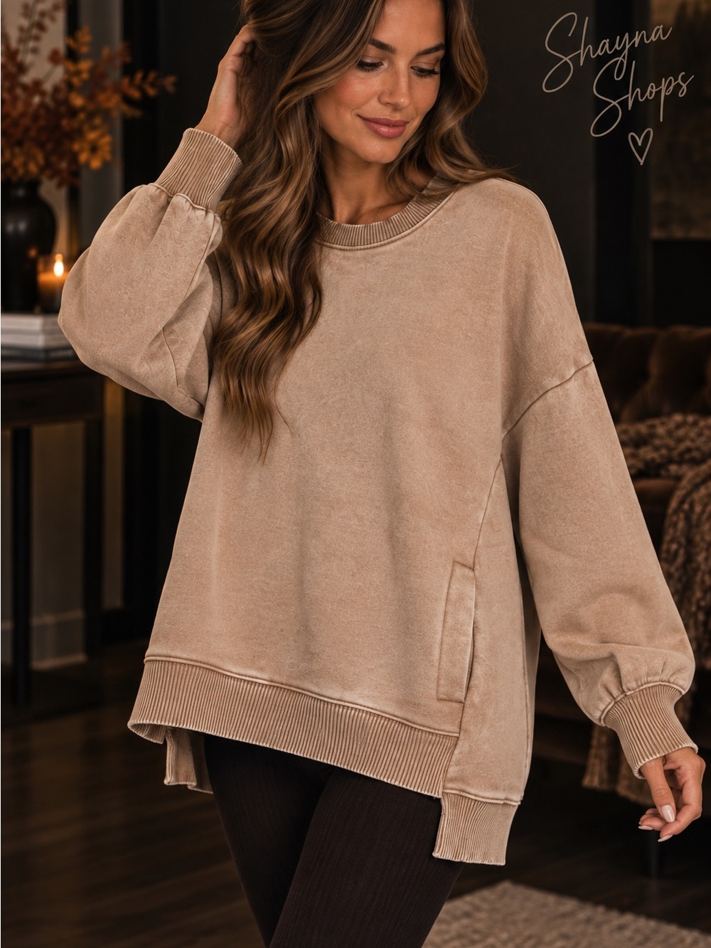 Deep Camel Acid Wash Fleece Hi-Low Pullover Sweatshirt with Pockets